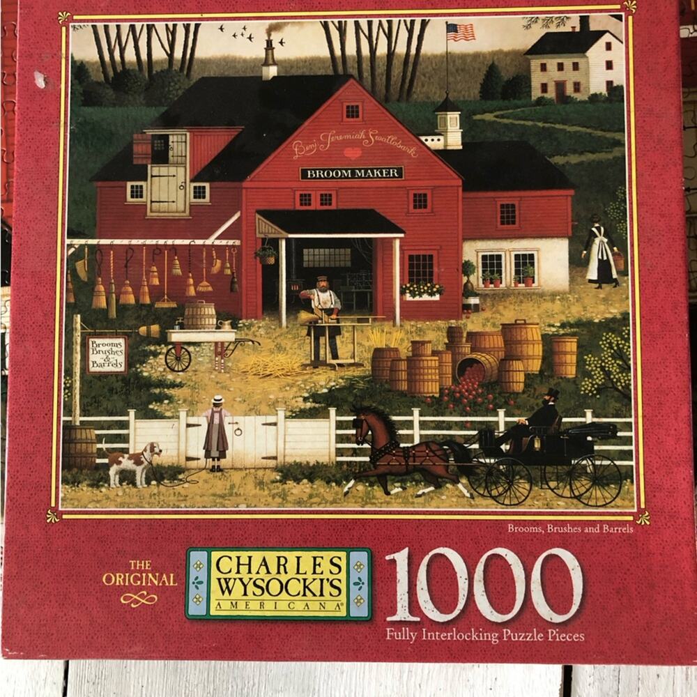 Vintage 1999 Charles Wysocki 1000 piece puzzle “brooms brushes and barrels”